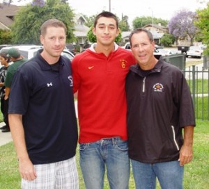 Jio Mier with coaches Mitch Newell and Bob Cates on the day the Houston Astros selected Mier No. 1 in the Major League Baseball draft.