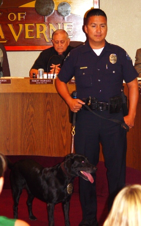 Keno and his partner and handler La Verne Police Officer Mike Martinez were honored at City Hall on Monday, Sept. 22, 2009 for their years of exemplary service.