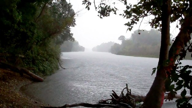 Raindrops fall on the American River.