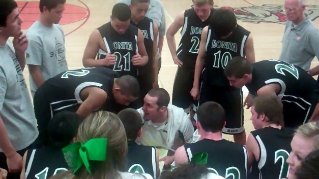 Coach Eckler calls an early time-out to try get the Bearcats back to playing Bonita basketball.